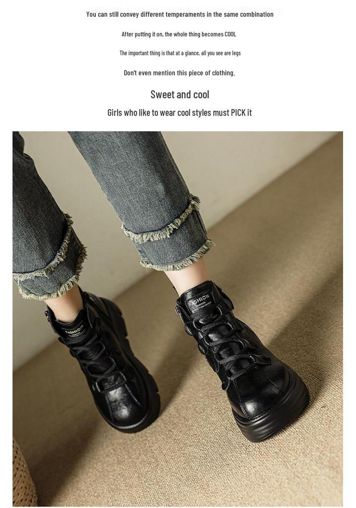 Autumn/Winter Thick-Soled Hidden Heel 8cm Side Zipper Versatile Women's Leather Martin Boots