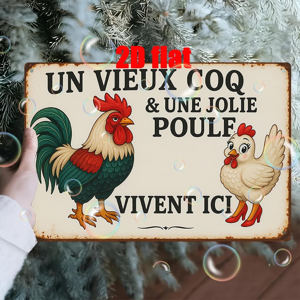[French Rooster Metal Sign] French Rooster & Hen Theme 1pc Metal Wall Sign | 2D Iron Art Mural, Suitable for Home Courtyard