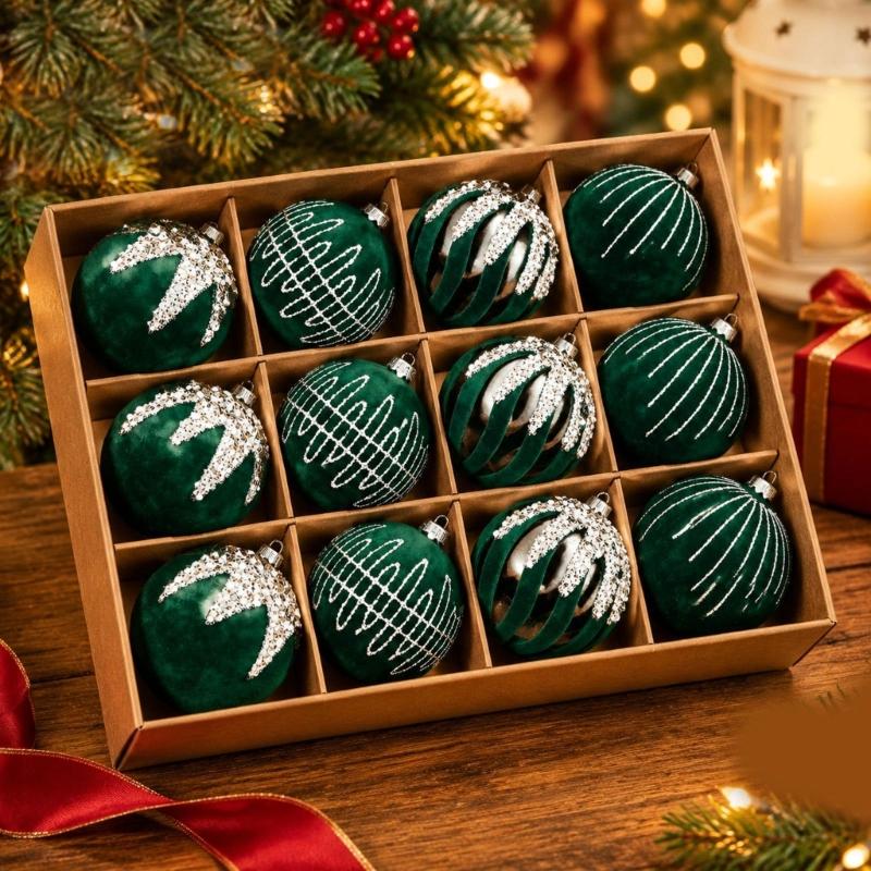 12-Piece Christmas Bauble Set, Soft-Texture Ball Decorations with Decorative Motifs and Top Rings for Holiday Tree Displays