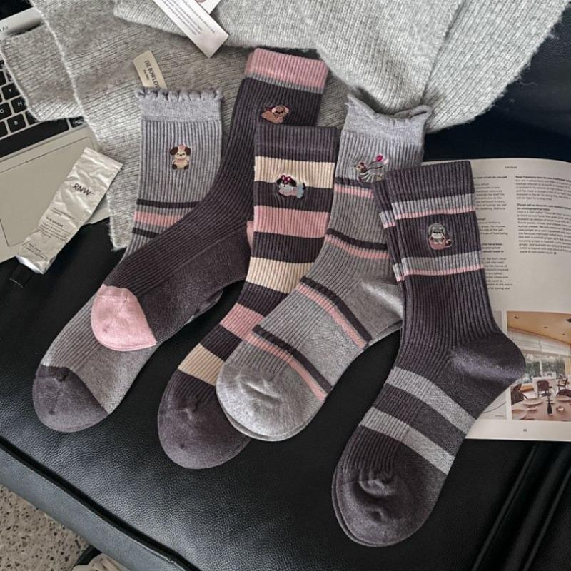 2 Pairs of Mid-calf Socks - Women's Fall/winter Imitation Cashmere Socks - Women's Striped Fashionable Embroidered Sausage Dog Pile Socks - Long Socks