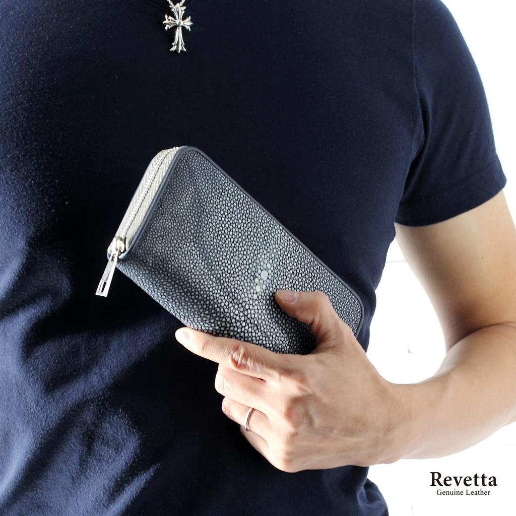 [Revetta] Stingray Leather Long Wallet with Round Zipper, Stingray and Galuchat Design, Navy Blue, Genuine Leather with Gray Leather Interior [196stw]