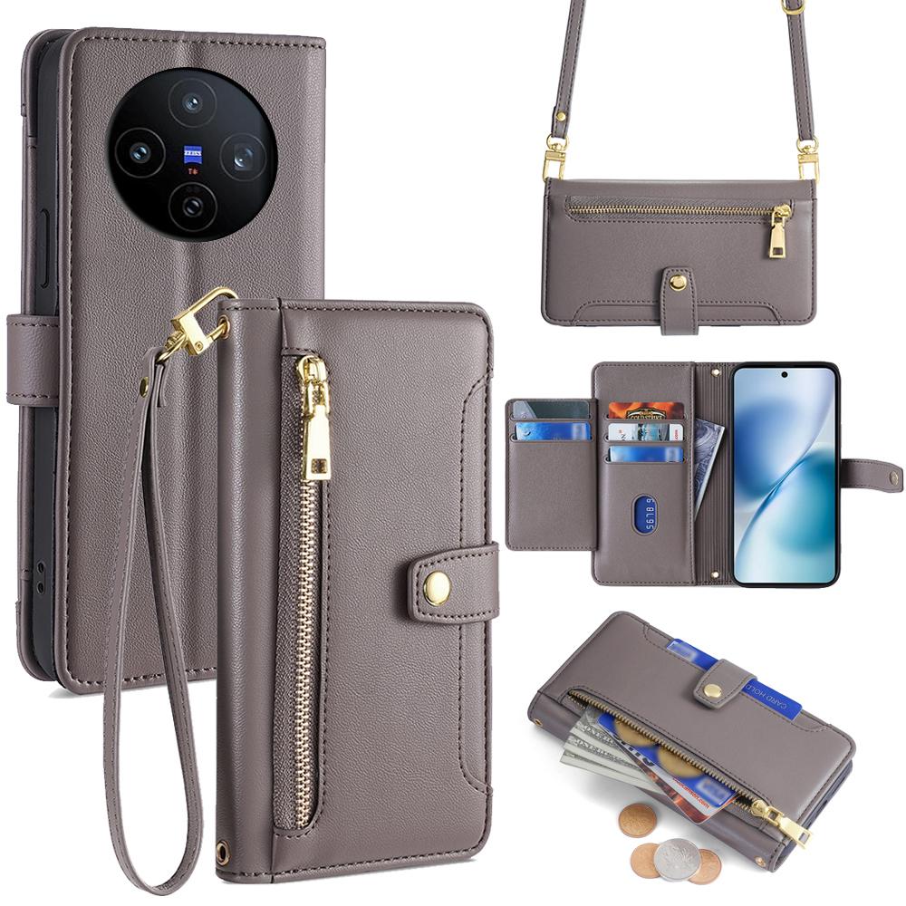 

Кожаный чехол для vivo X200s 5G, кошелек с карманом на молнии, чехол для телефона с 2 ремешками Grey