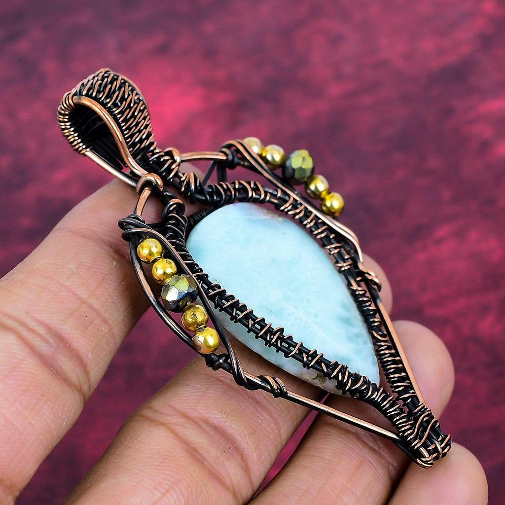 Larimar Pendant Gemstone Jewelry Copper Wire Wrapped Pendant Handmade Pendant