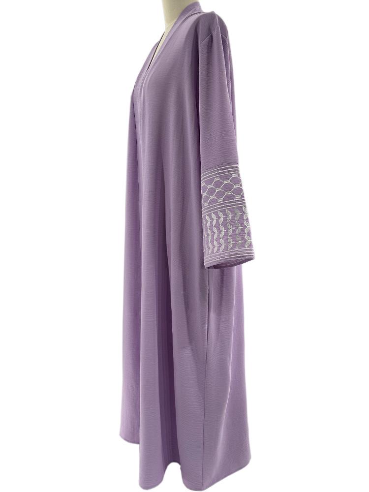 Elegant Embroidered Middle Eastern Muslim Tie-Up Cardigan Dress with Pockets