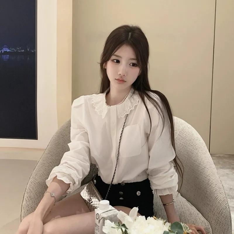 Women White Lace Collar Puff Sleeve Button Down Long Sleeve Shirt S белый