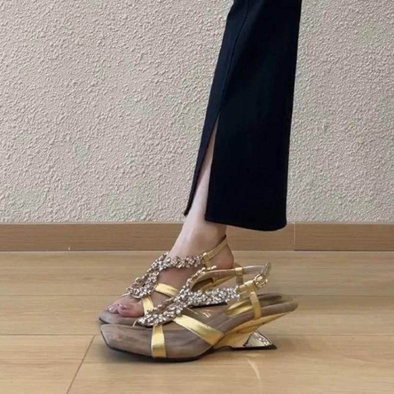 Sheepskin Version! Sandals Women's French Stunning Rhinestone Square Head Open Toes Crossed Rear Strap Not Tired Foot Slope Heel Roman Shoes
