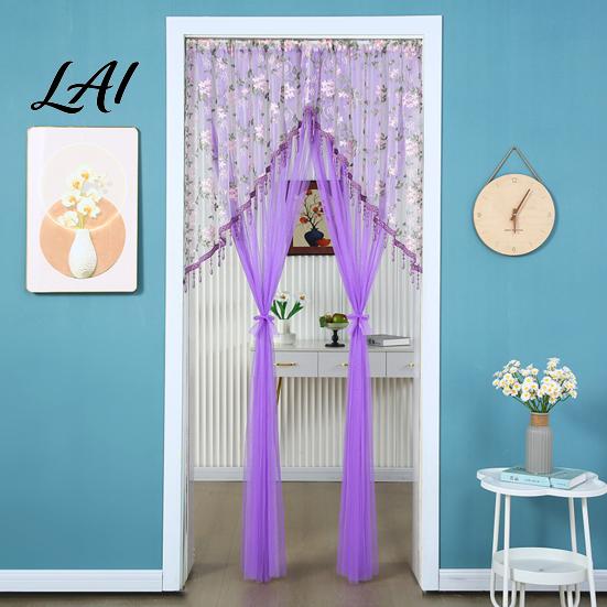 Light Filtering Balcony Partition Sheer Lace Door Curtain Embroidered Floral Doorway Curtain with Beads No Drill Rod Pocket Room Divider for Bedroom