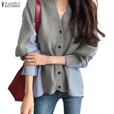 Women Casual V-Neck Long Sleeve Patchwork Blouse