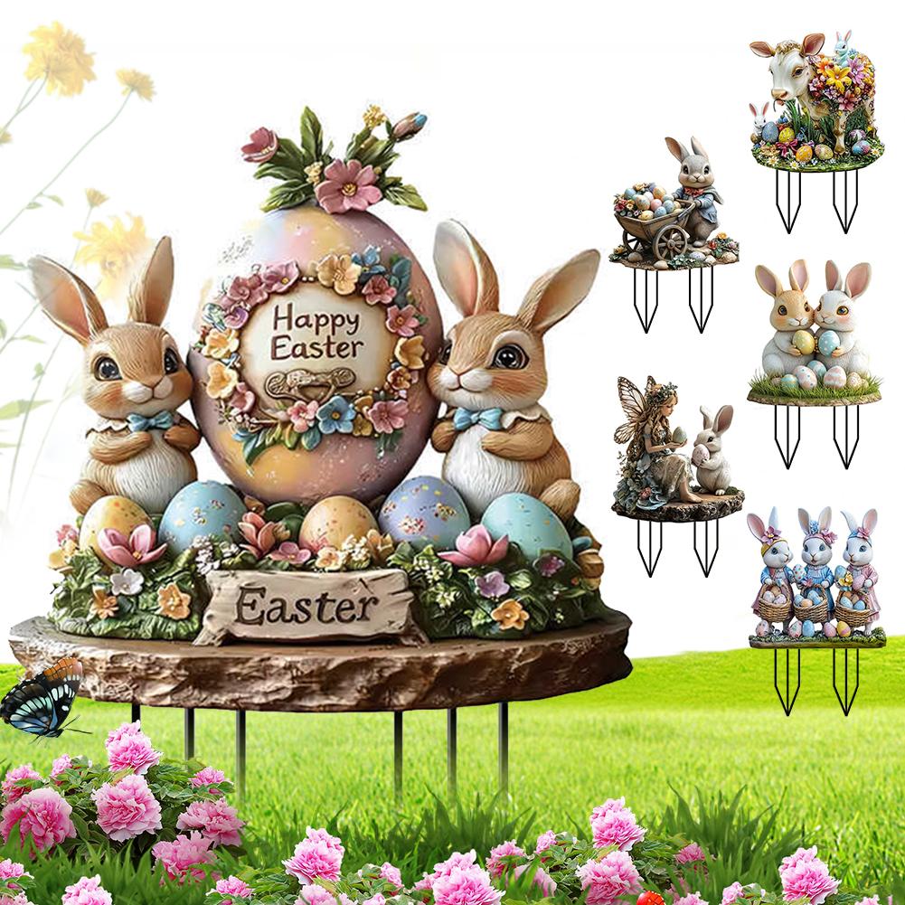 Easter Bunny Garden Stake 2D Flat Spring Lawn Signs Easter Rabbit Garden Signs Easter Lawn Stakes Easter Decoration for Outdoors