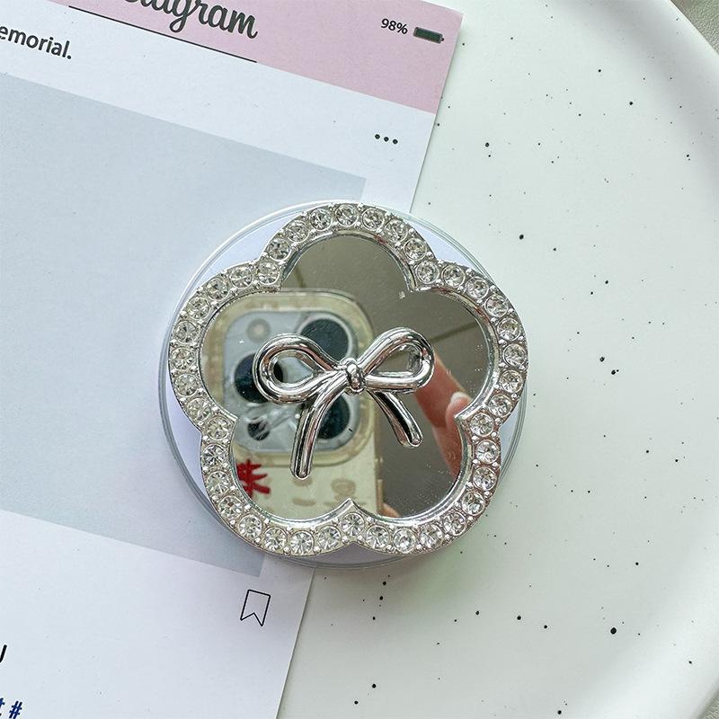 Rhinestone Bow Love Round Flower Mirror Mobile Phone Airbag Holder Magnetic Retractable Desktop Support Holder