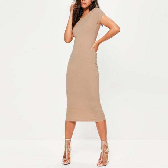 Módní dámské ležérní slim dlouhé tužkové šaty jednobarevné s krátkým rukávem a kulatým výstřihem