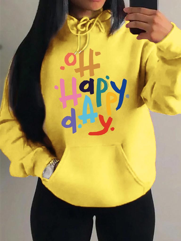 Glücklicher Tag Bunter Kunstdruck Buchstaben Damen Top Hip Hop Mehrfarbig Kostengünstig Herbst Winter Pullover Tasche Damen Trend Hoodie