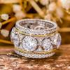 Huitan Sparkling Crystal Cubic Zirconia Wide Rings for Girls Two Tone Design Hip Hop Style Women Rings Luxury Trendy Jewelry