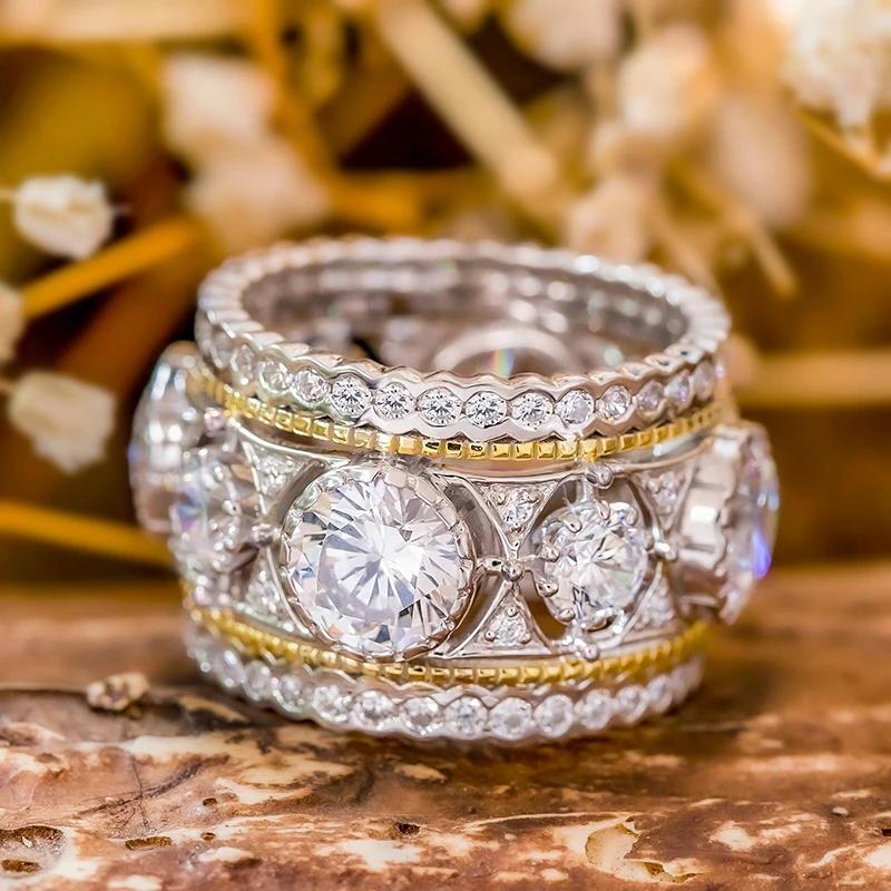 Huitan Sparkling Crystal Cubic Zirconia Wide Rings for Girls Two Tone Design Hip Hop Style Women Rings Luxury Trendy Jewelry
