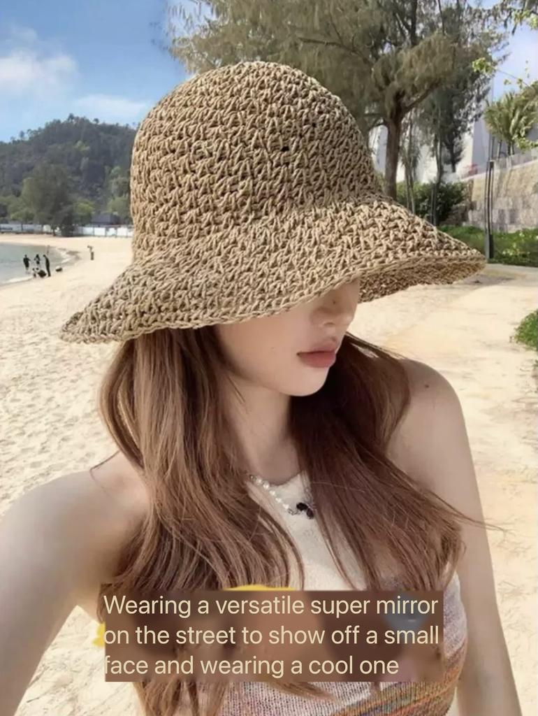 2026 New Women's Braided Straw Fisherman Hat UPF50+ Breathable Summer Beach Vacation Sun Protection Wide Brim Adjustable