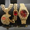 Herren Fußball Stirnband Anhänger Halskette + Rotes Diamant Armband + Uhr mit rotem Zifferblatt und Diamant-Inlays Hip-Hop Set