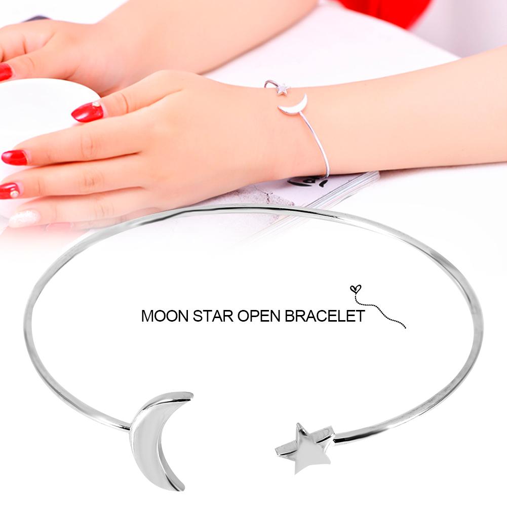 Female Open Bracelet Copper Plating Wristband Bangle with Moon Star Decoration (Silver)