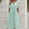 Vestido Midi Feminino com Ilhós, Ombro a Ombro, Manga Curta de Verão, Decote V, Botões, Solto, Casual, Corte A, com Bolsos