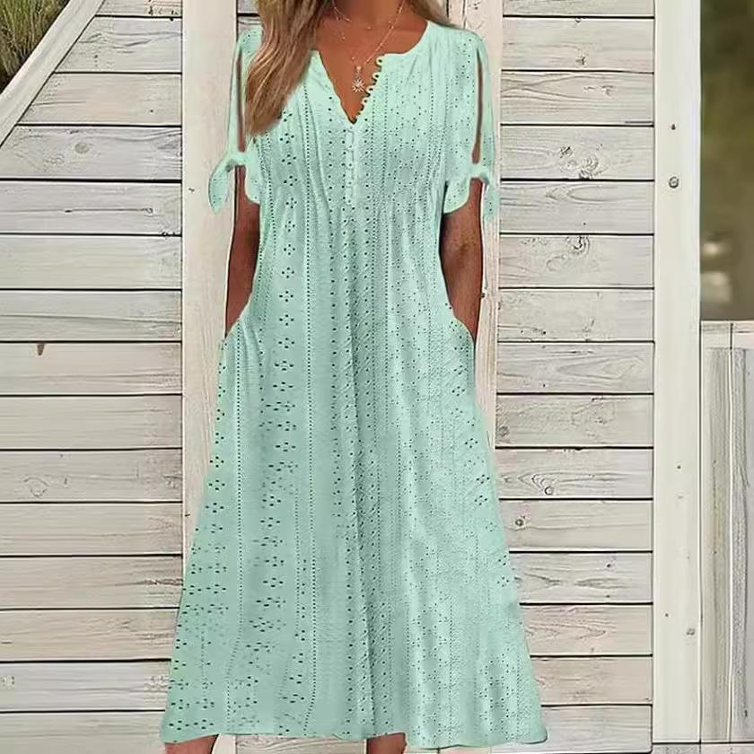 Vestido Midi Feminino com Ilhós, Ombro a Ombro, Manga Curta de Verão, Decote V, Botões, Solto, Casual, Corte A, com Bolsos