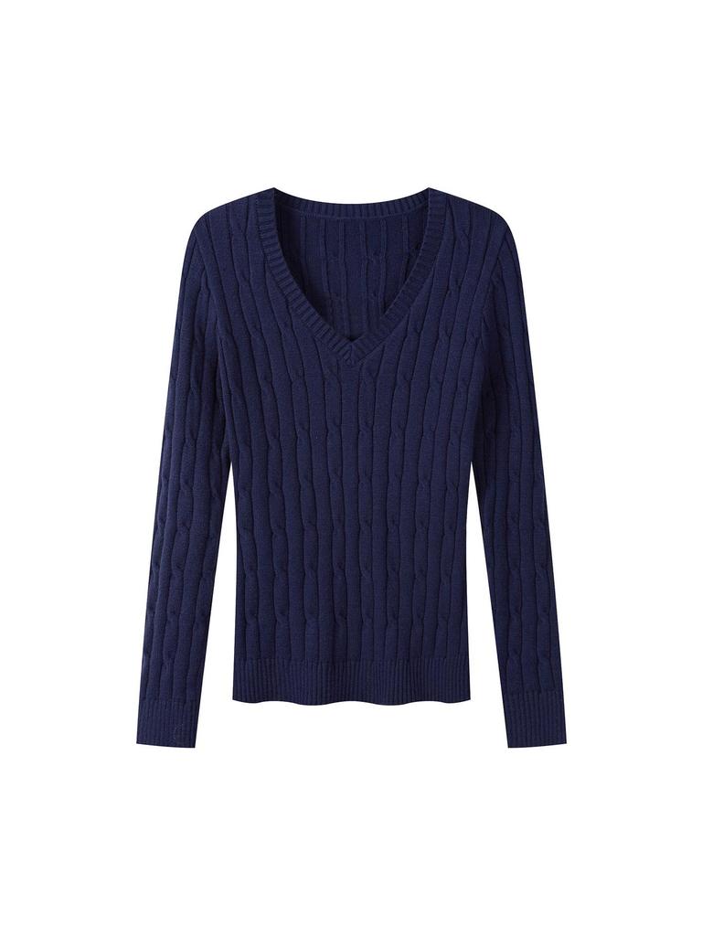 Belgian Chimes Blue V-Neck Cable Knit Sweater – Women's Autumn Long Sleeve Knitwear