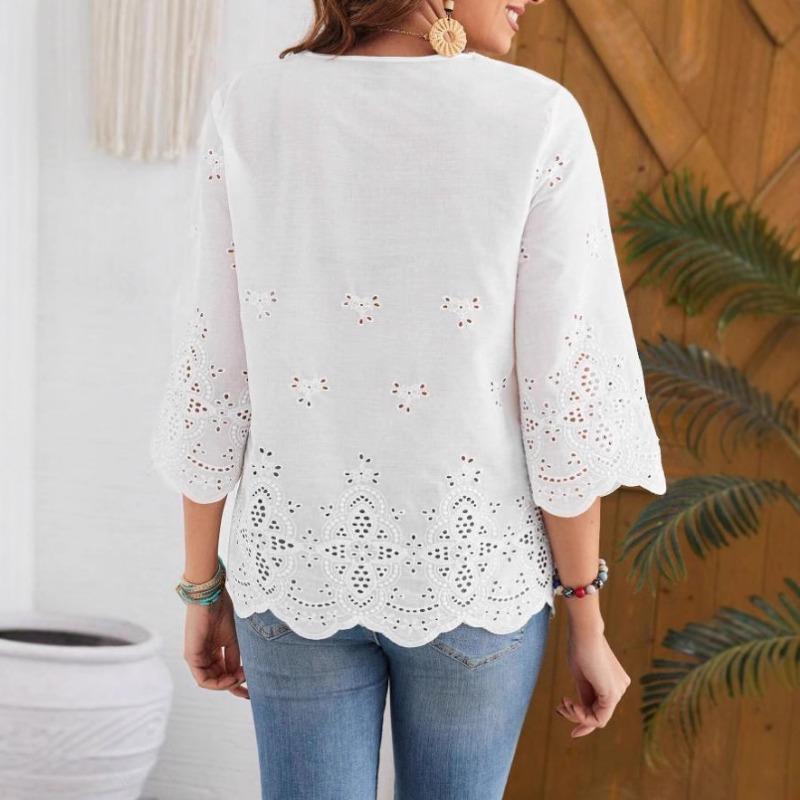 Nouă Bluză Femeiască Largă cu Dantelă Decupată Modă Decolteu în V Primăvară și Vară Cămăși Noi Dulci Doamne Albe Casual Simple Topuri Îmbrăcăminte de Birou