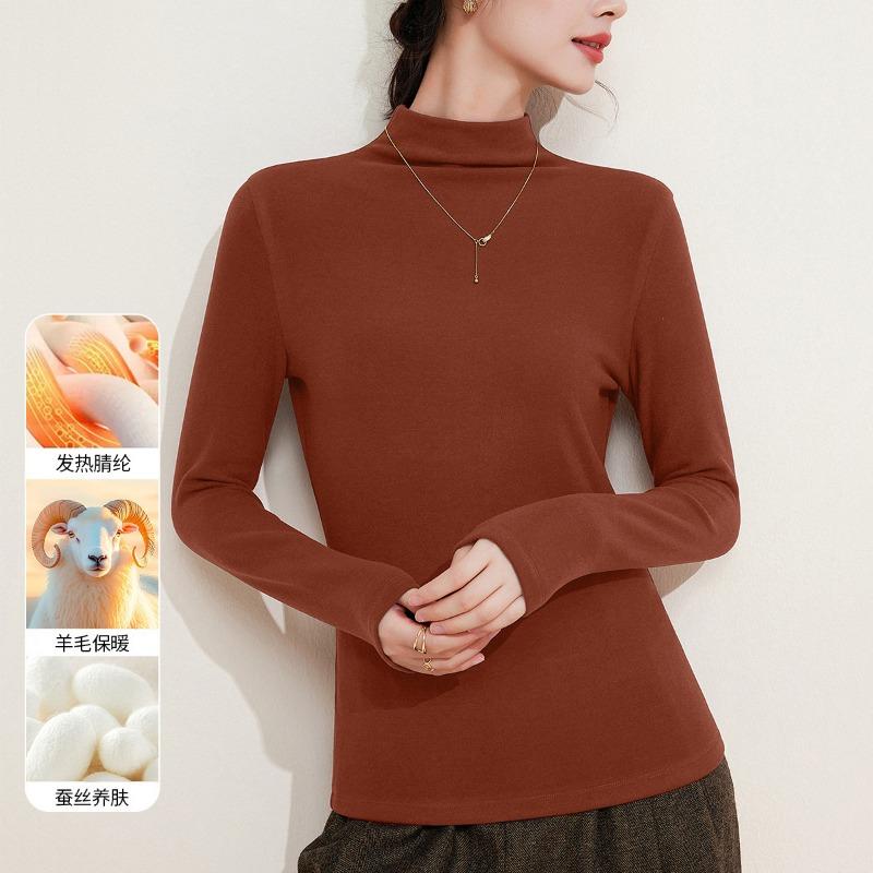 Wool silk velvet semi-turtleneck bottoming shirt autumn clothes women's thickened warm inner middle collar top women's winter