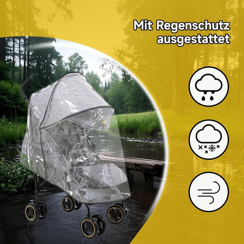 Cochecito Jovikids, Cochecito Plegable Pequeño con Función Reclinable, Cochecito de Viaje Plegable hasta 22 kg Incl. Toldo solar, funda para la lluvia y portavasos (gris)