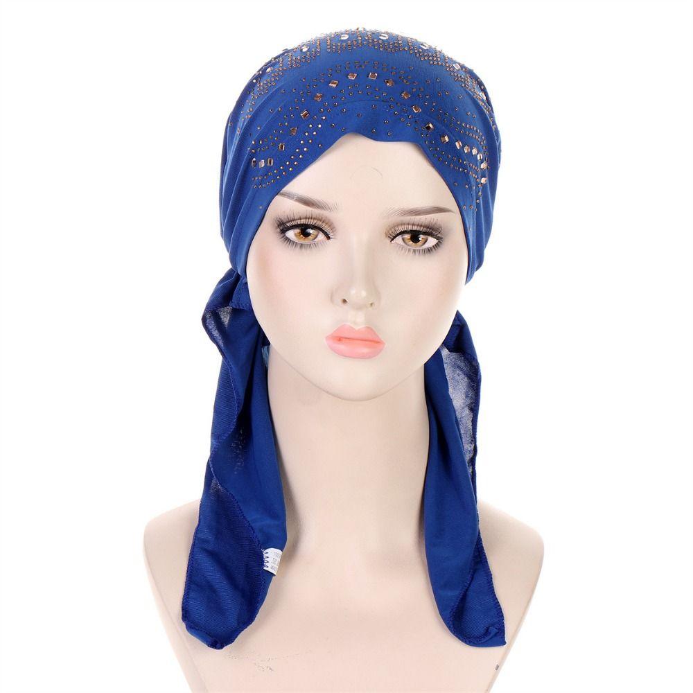 Soft Elastic Muslim Headscarf Hat Solid Color Rhinestone Hijab Caps Ramadan