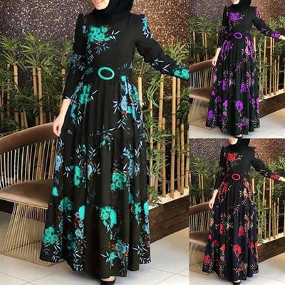 Women Long Sleeve Muslim Abaya Dress Ethnic Floral Print Belt Maxi Kaftan Robe