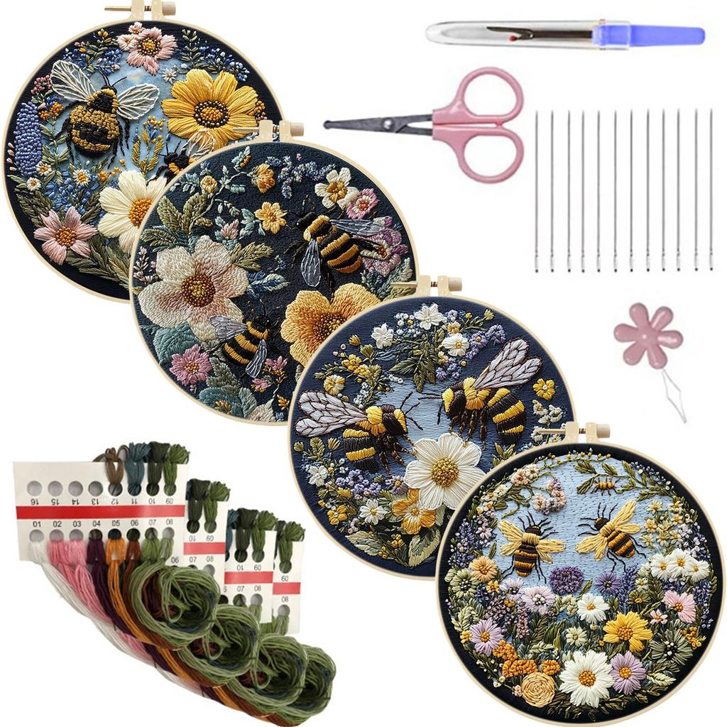 4 Pack Stamped Cross Stitch Kits with Embroidery Hoop Needles Threads Instruction Embroidery Kit Cross Stitch Set for Beginners