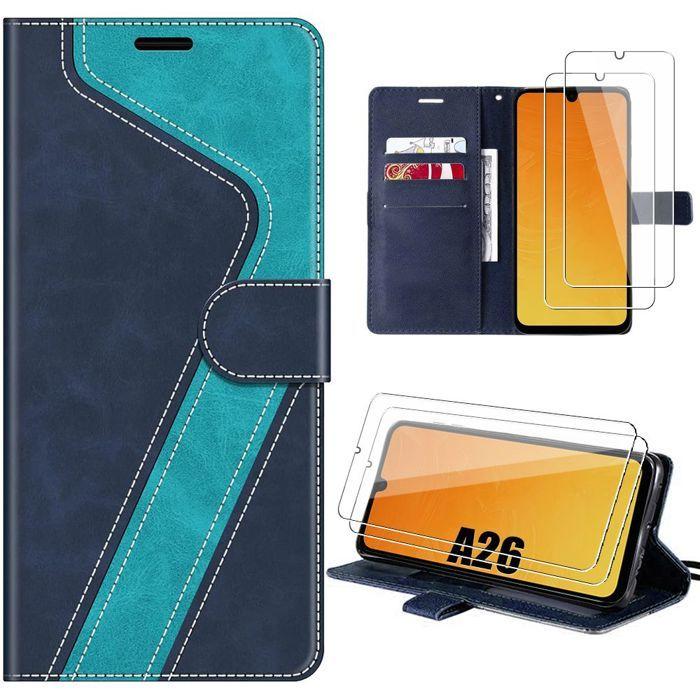 Coque pour Samsung Galaxy A26 5G, Protection Rabat Effet Cuir Anti-Rayures Bleu - 2 Verres Trempés