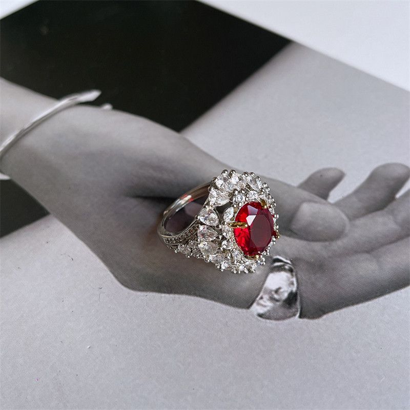 European and American Entry Lux Red Wine Stain Rose Ruby Zircon Micro-Inlaid Full Diamond Elegant Fancy Versatile Opening Ring