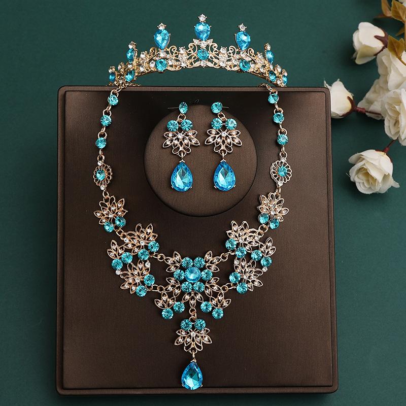 DIEZI Korean Sky Blue Crystal Crown Women Girls Headwear Luxury Bridal Bride Tiaras Necklace Earrings Wedding Party Jewelry Sets