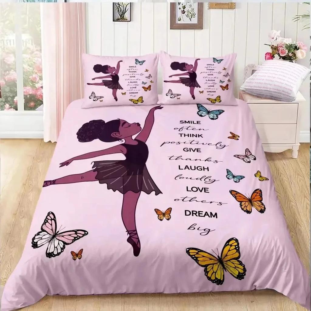 American Black Girl Duvet Cover Set,Black Girl Magic Bedding Set Full Size,Cute Little Afro Black Princess Comforter Cover Sets