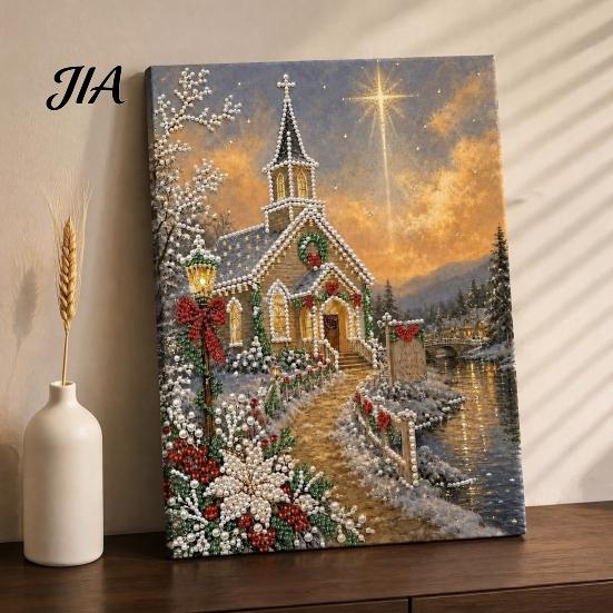 Stress Relief Hobbies Christmas Church Faux Pearl Art Kit, Painting DIY 15.75 Round Crafting x 11.81 Inch Beginners Craft for Adults, Relaxing