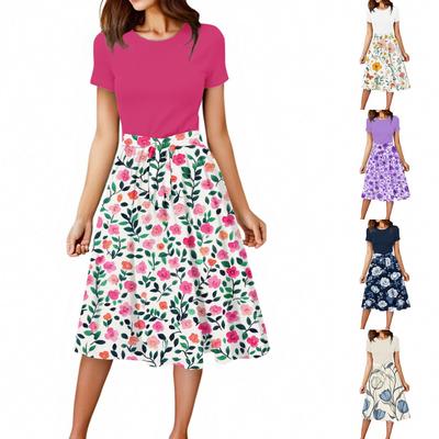 Women's Casual Fashion Belted Floral Printed Short Sleeve Round Neck Elegant Flowing Dress