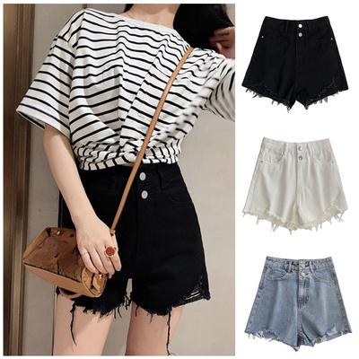 Hose Klassische und minimalistische Mode Vielseitiger Denim Weitbeinige Shorts Damen Zerrissene Löcher Hohe Taille Dünne A-Linien-Hose Dünner Abschnitt Denim-Shorts