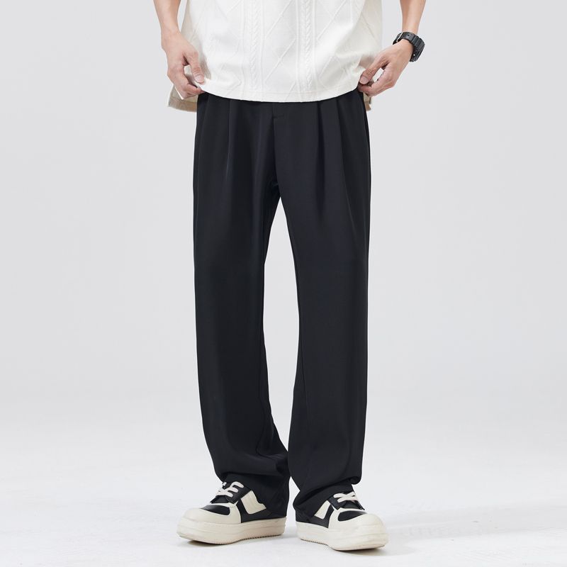 Summer New Wide-leg Drape Double-pleated Small Trousers Men's Daily Commuting Loose Straight Casual Long Pants