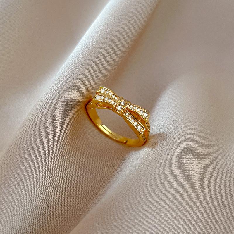 Real Gold Electroplated Open Ring, Women'S Fashion Bow, Light Luxury Ring, Index Finger Ring, The Same Cold Style