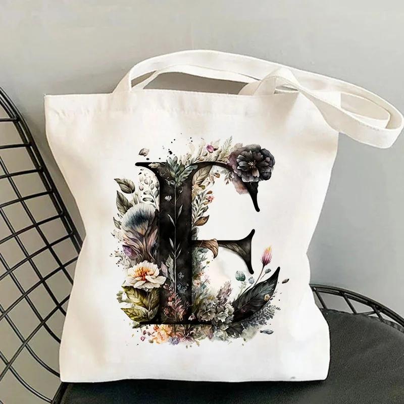 26 Black Alphabet Flower Tote Bags For Women Large Capacity Canvas Casual New Shopping Printed Reusable Handbag Eco Bag Large