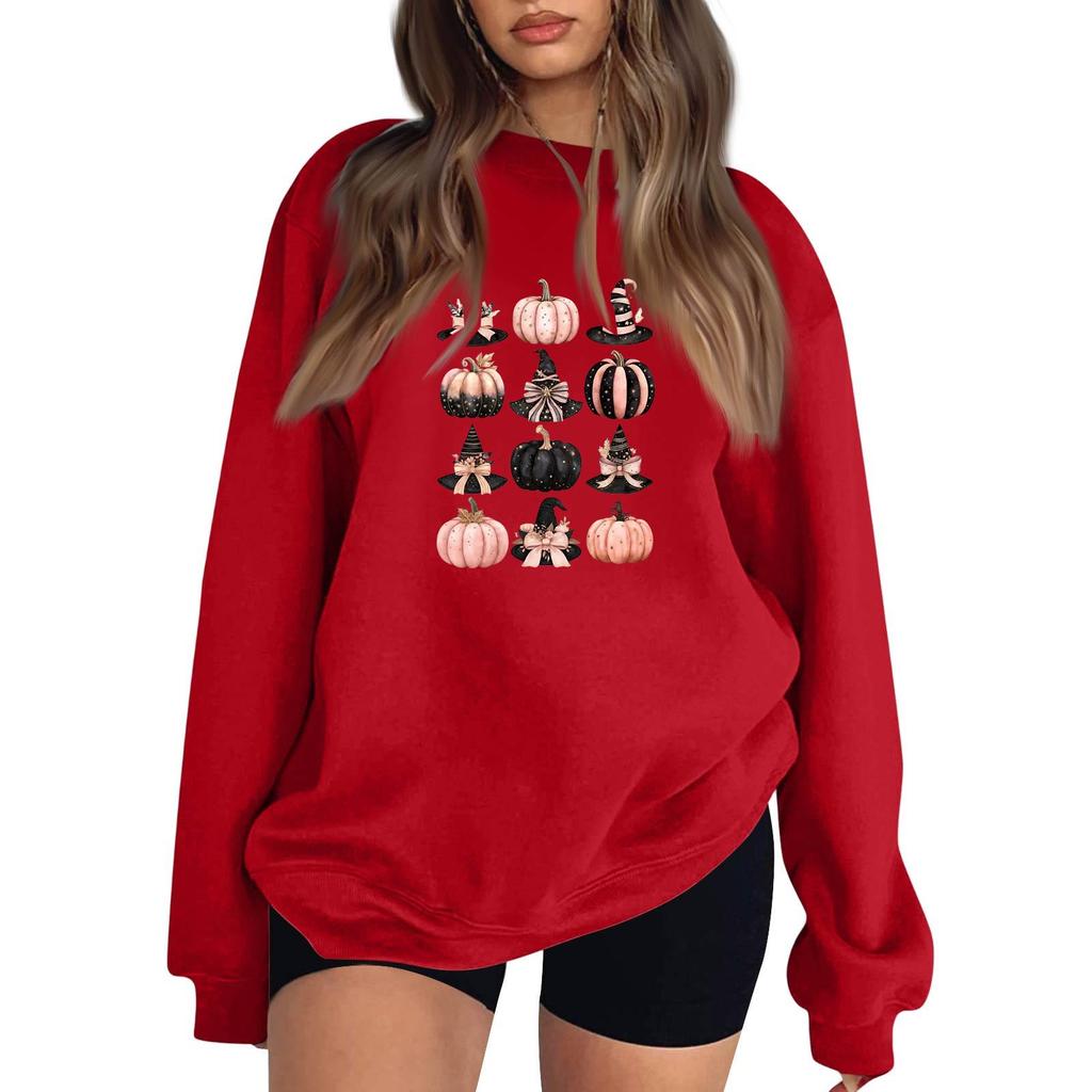 Women's Long Sleeve Neck Sweatshirt Loose Fit Casual Pullover Top with Small Halloween Print