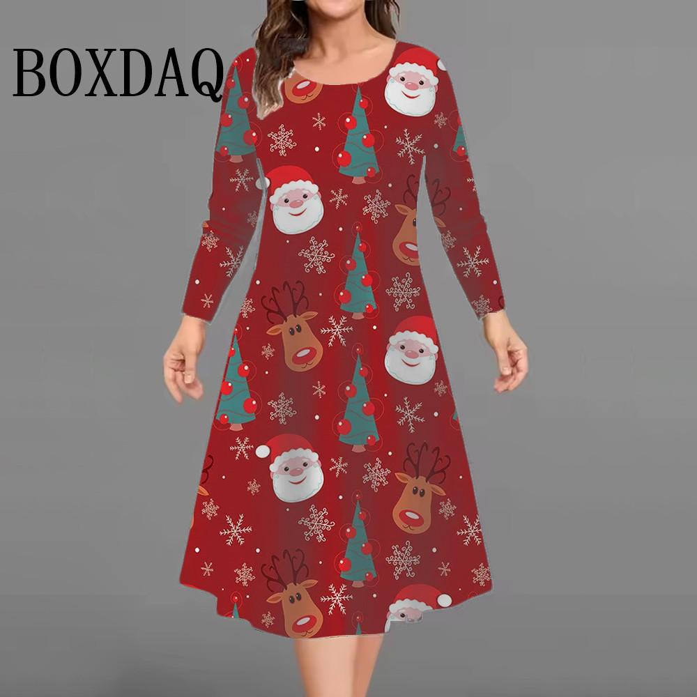 Women Dresses Fashion Christmas Snowflake Printed Party Dress Casual Long Sleeve Autumn Winter Plus Size Loose A-Line Dress