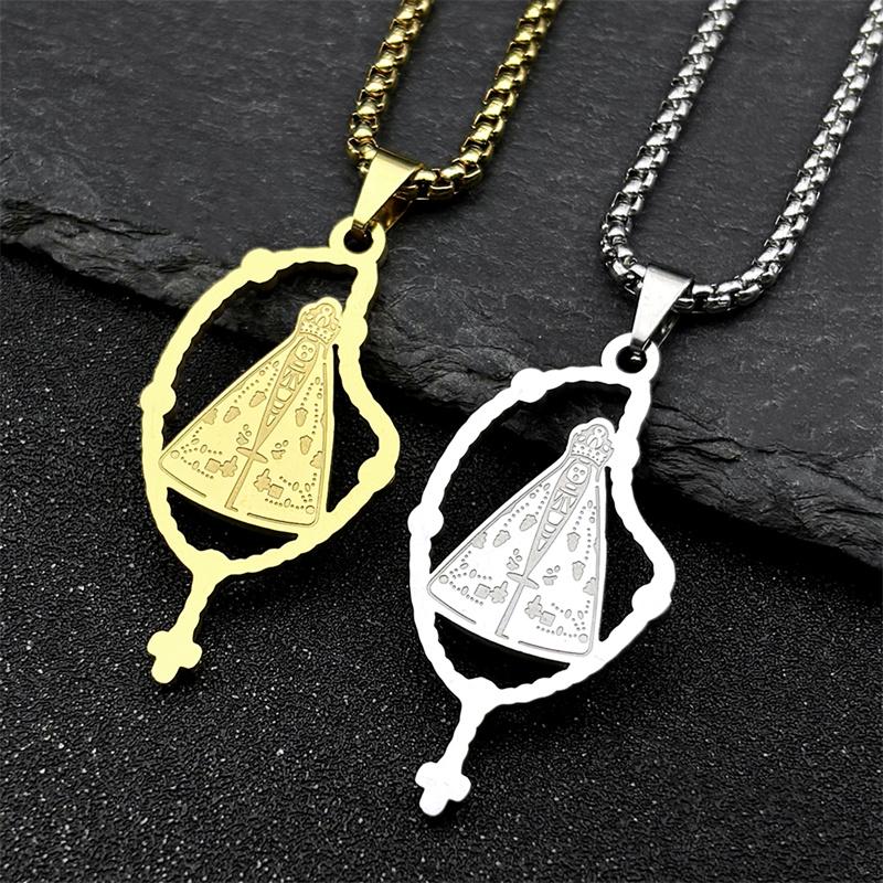 Brazilian Our Lady Of Aparecida Necklace for Men Women Stainless Steel Gold Color Virgin Mary Cross Chain Jewelry Colar