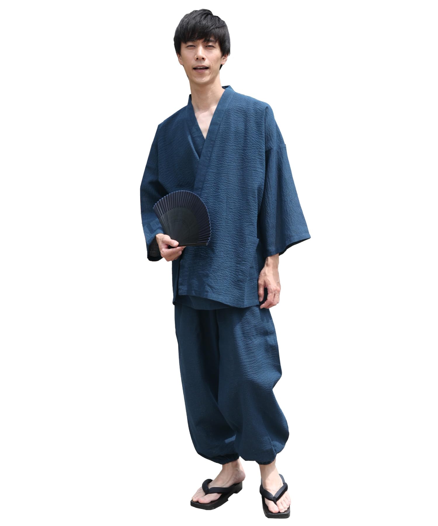 Erin Japan - Japanese Selected Goods - Men's Indigo Samue Cotton Summer Plus Shijira Stylish Loungewear Set [On Nishiki] (Japanese Workwear) 100% (M/L/Ll/3L) Sizes, Weave, Cool, (