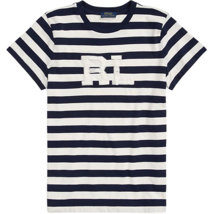 Polo Ralph Lauren SS22 T-shirt da donna a maniche corte con scollo rotondo e strisce con logo Blu WMPOKNINCU20434-410