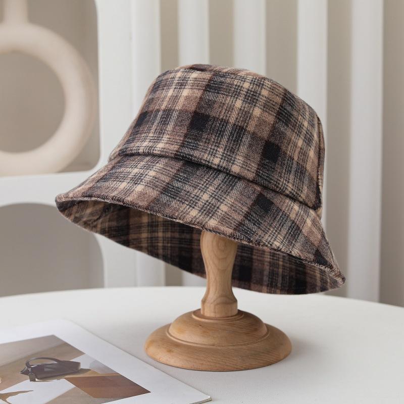 New retro plaid basin hat textured woolen wide-brimmed bucket hat autumn and winter versatile warm hat