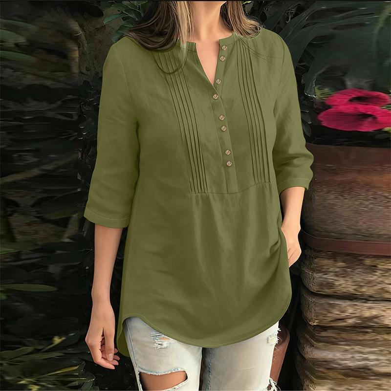 ZANZEA Blusa holgada casual para mujer con cuello en V, color sólido y manga 3/4