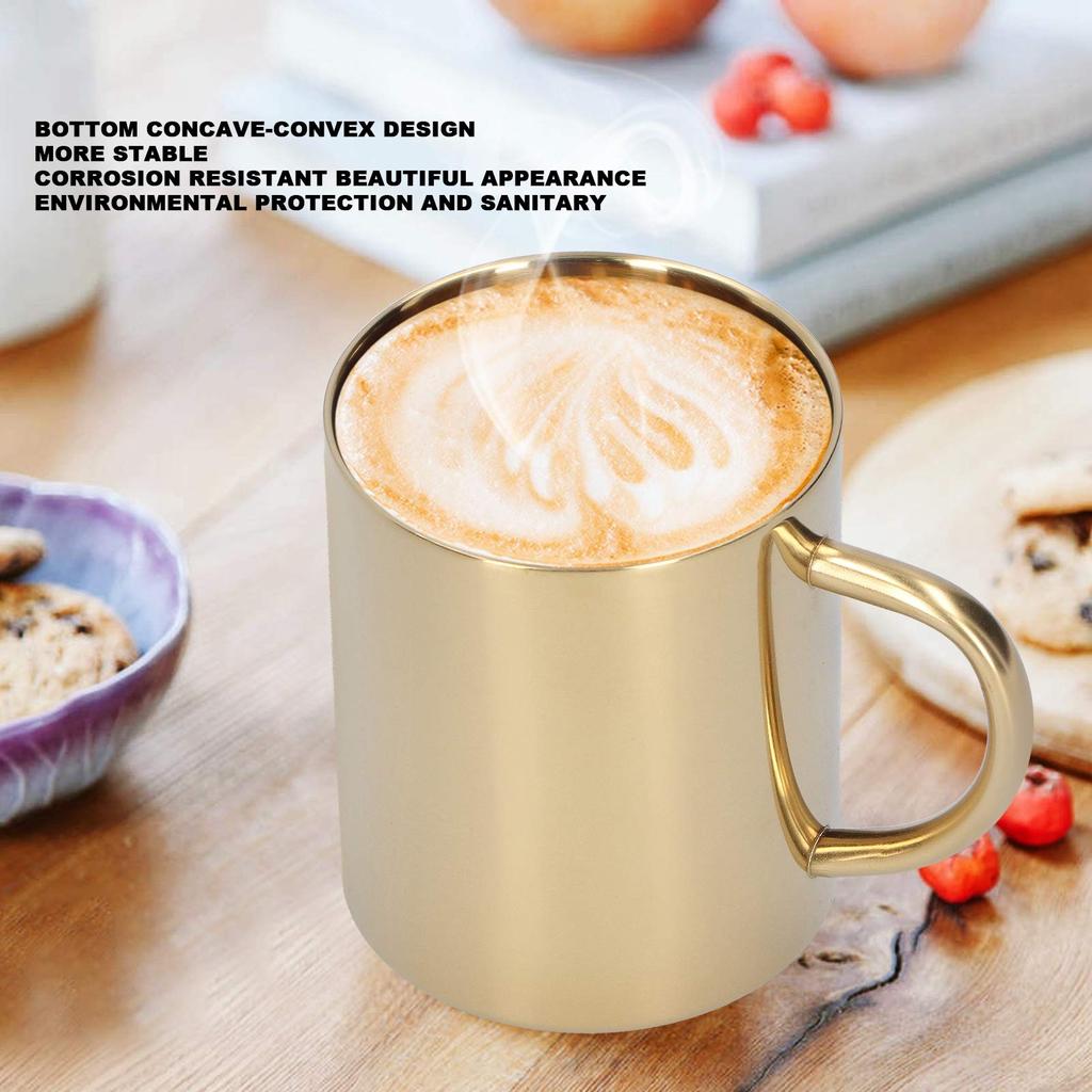 J-ouuo Mug, 304 Stainless Steel, Double-Layer, Anti-Scald, Coffee, Tea, Water, Cup with Handle, 400ml (Gold)