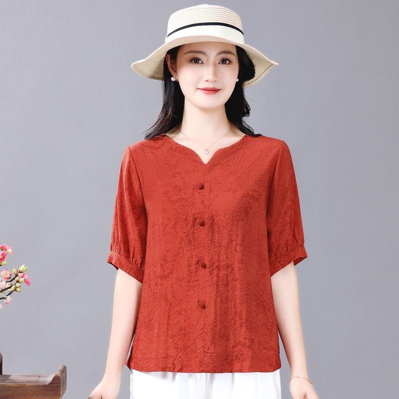 

Tencel Short Sleeve Cotton and Linen Breathable and Loose Buckle Summer Wear Orange Red XL