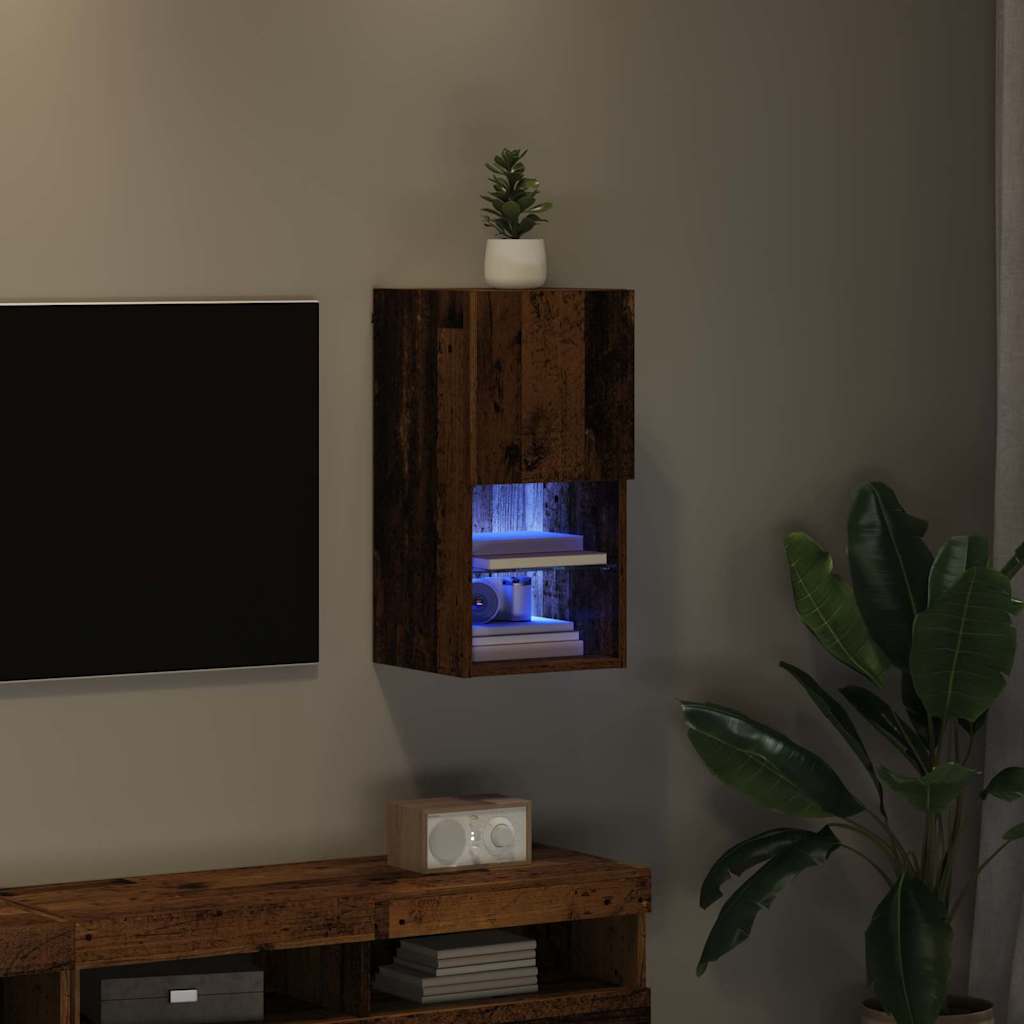 Wall Mounted TV Cabinet with LED Vintage Wood Finish 30.5 x 30 x 60 cm